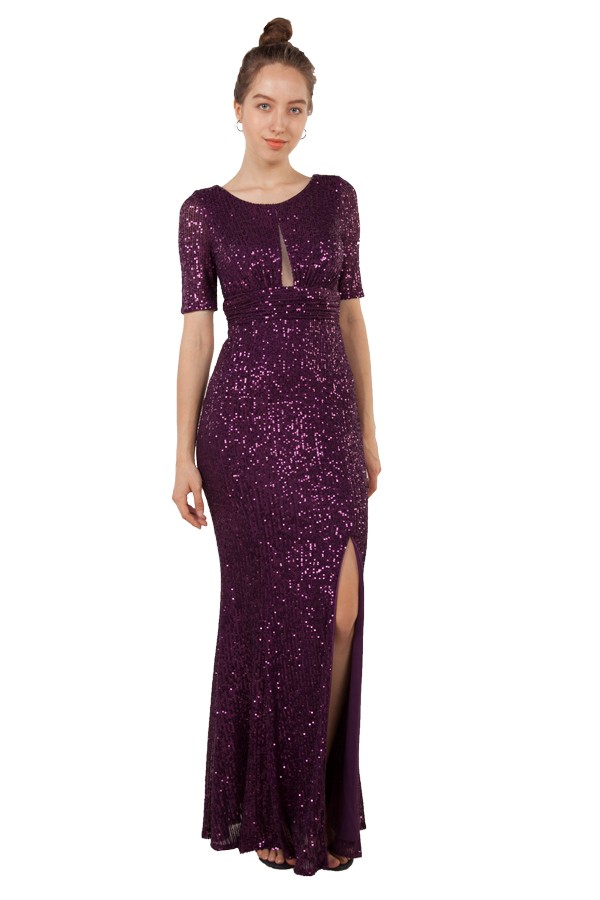 221409 long sequinned formal dress with short sleeves $229